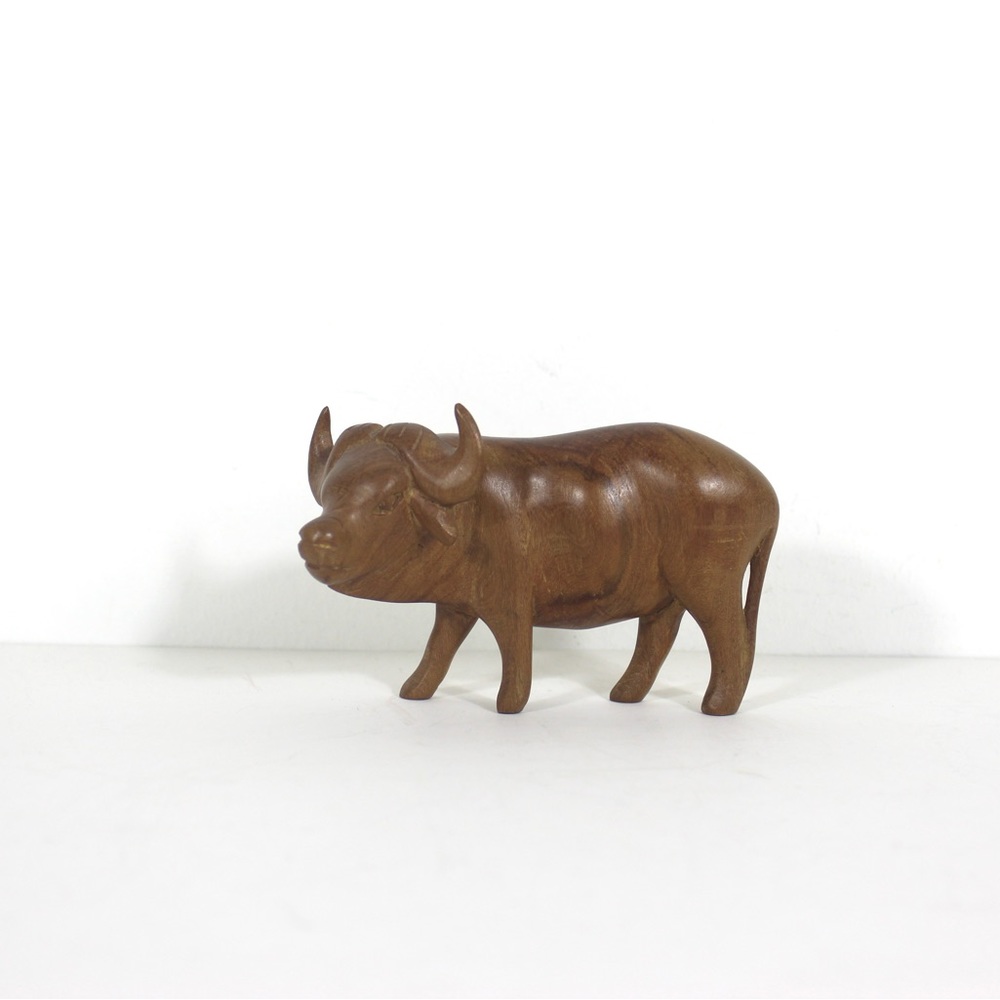 Mid Century Modern Carved Water Buffalo, Teak Wood Bull Sculpture African Animal